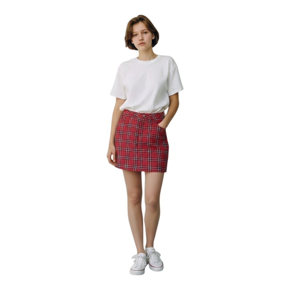 Arizona Jeans Skirt Juniors 3 Red Black Plaid Academia Cotton Denim Mini Skirt